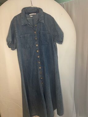 Casual Denim Maxi Shirt Dress - Blue
